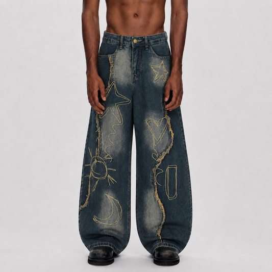 Vintage Embroidered Washed Raw-Edge Graffiti Scimitar Jeans