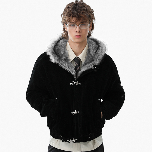 Streetwear Metal Clip Faux Fur Hooded Suede Bomber Jacket
