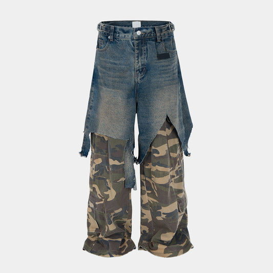 Deconstructed Denim Camo Layered Jeans for Effortless Style