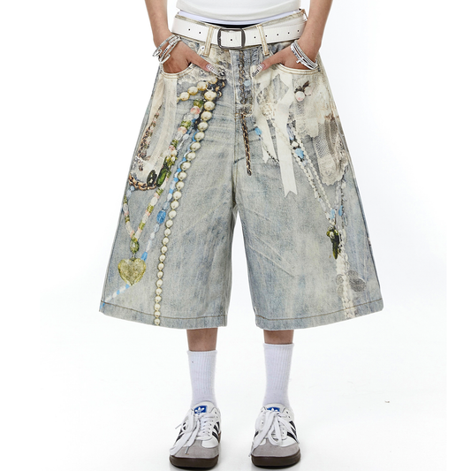 Jewelry Pearl Graphic Print 3D Effect Denim Shorts