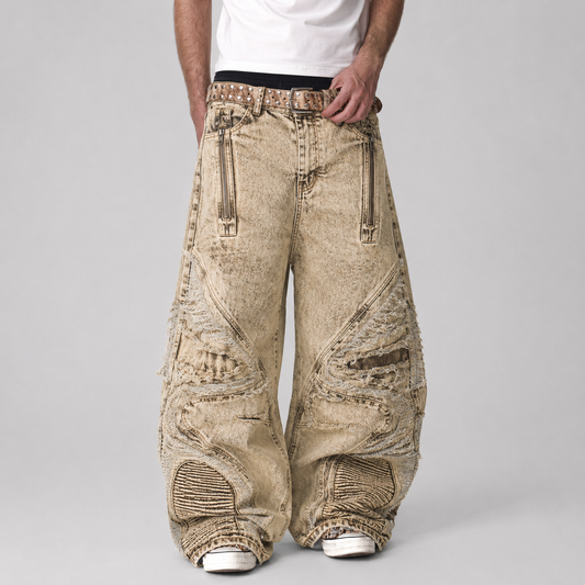 Distressed Raw-Edge Panel Sculpted Wide-Leg Jeans