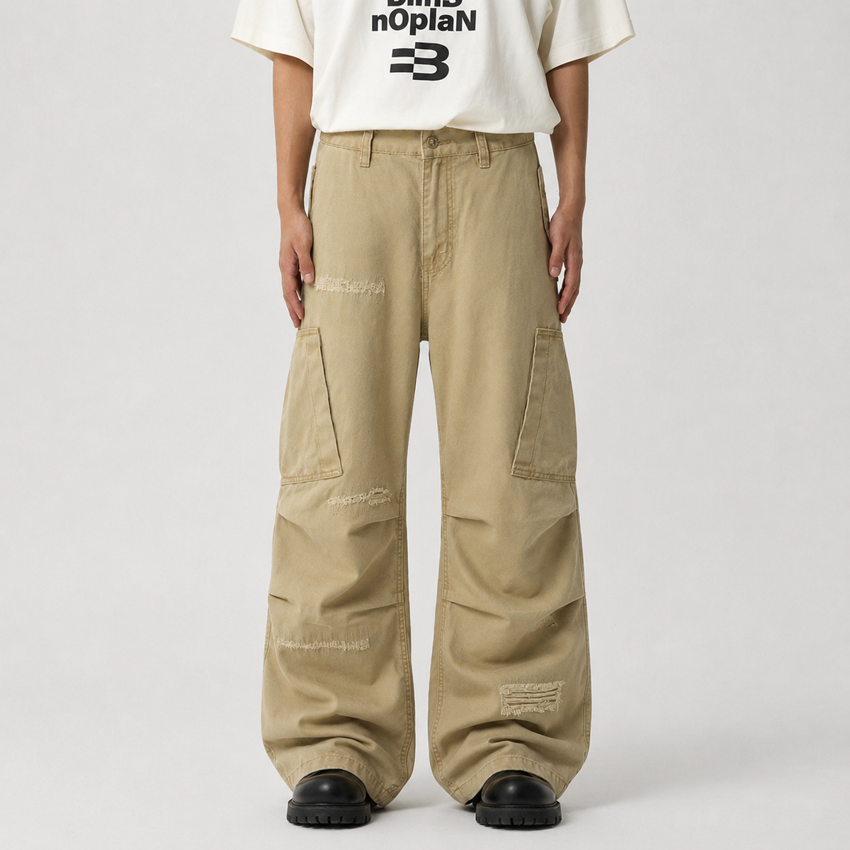 Cotton Hole Patch Pleated Multi-Pocket Cargo Casual Pants - OMYGOODS