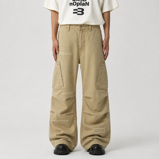 Cotton Hole Patch Pleated Multi-Pocket Cargo Casual Pants - OMYGOODS