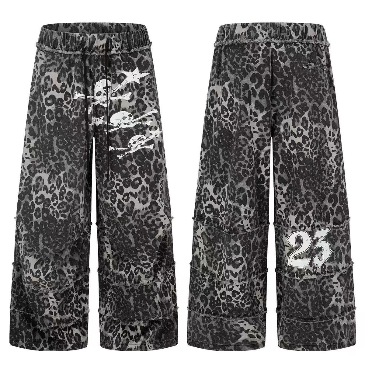 Leopard Print Skull 23 Raw Edge Wide-Leg Pants - OMYGOODS