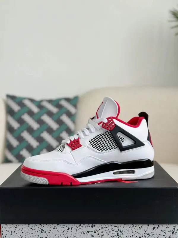 Air Jordan 4 Retro “Fire Red” Sneakers – White, Red & Black - OMYGOODS