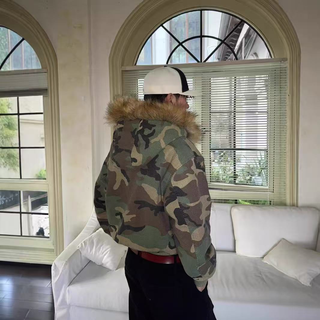 Reversible Camo Fur Collar Hooded Jacket - OMYGOODS