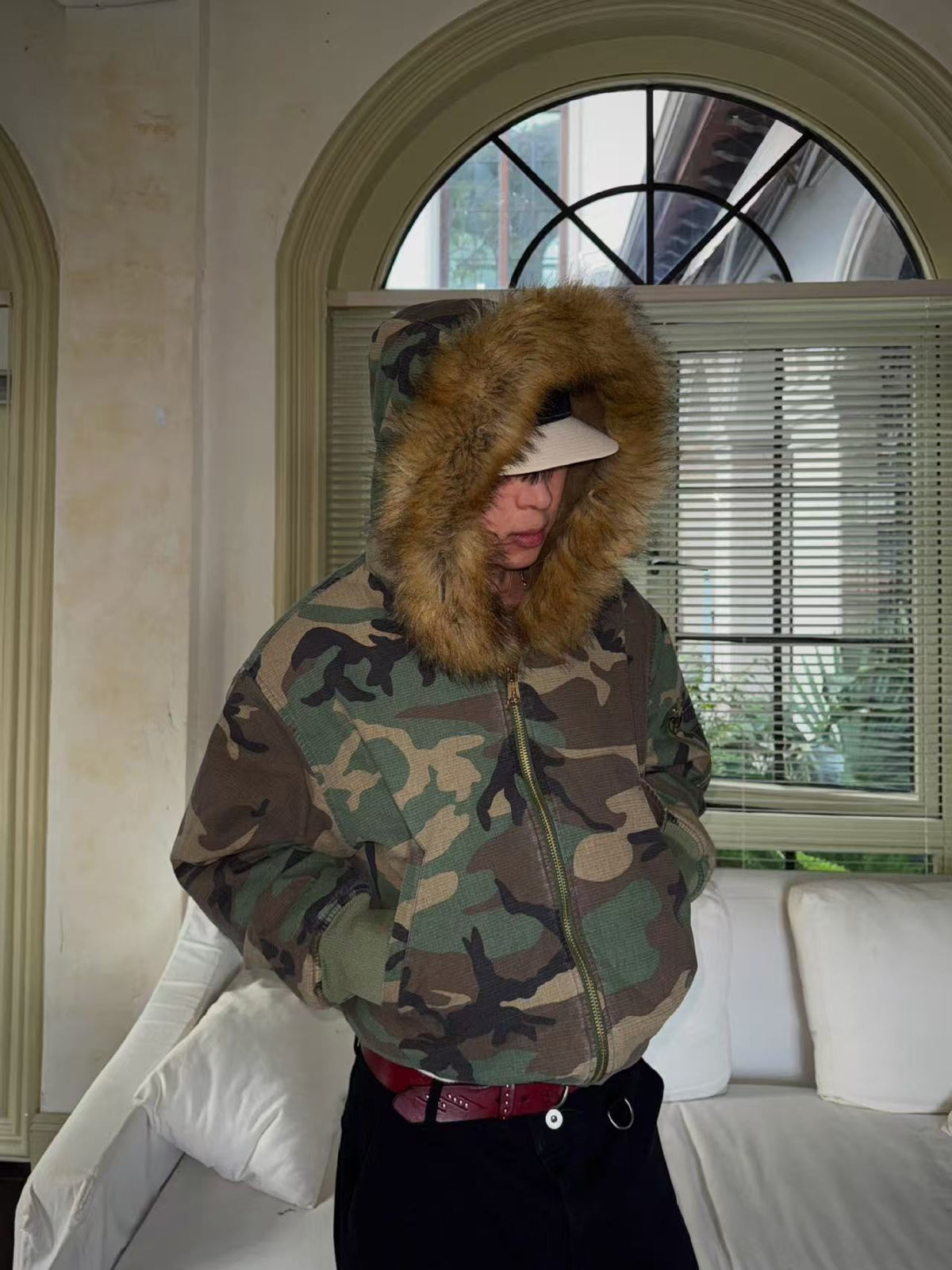 Reversible Camo Fur Collar Hooded Jacket - OMYGOODS