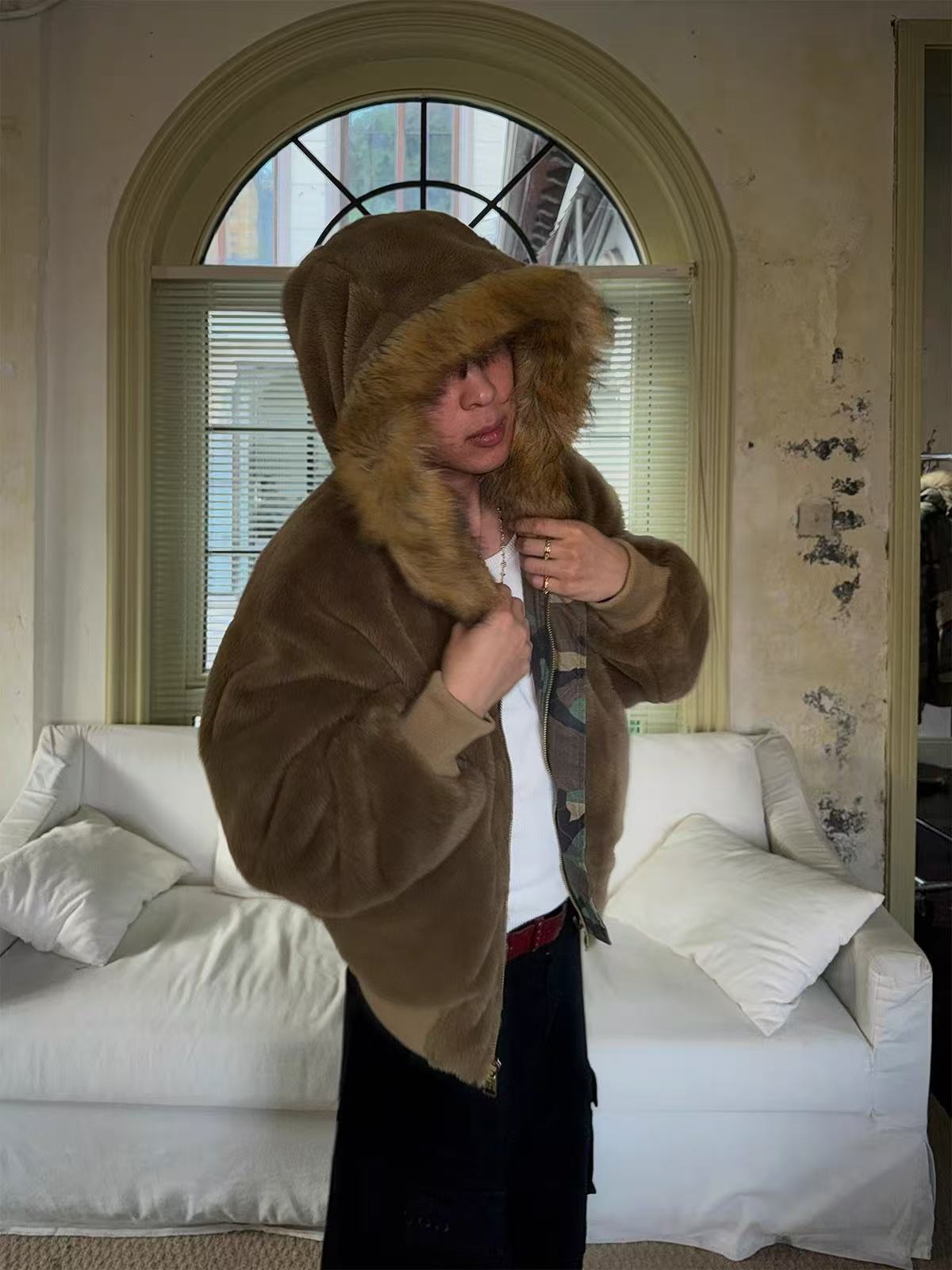 Reversible Camo Fur Collar Hooded Jacket - OMYGOODS