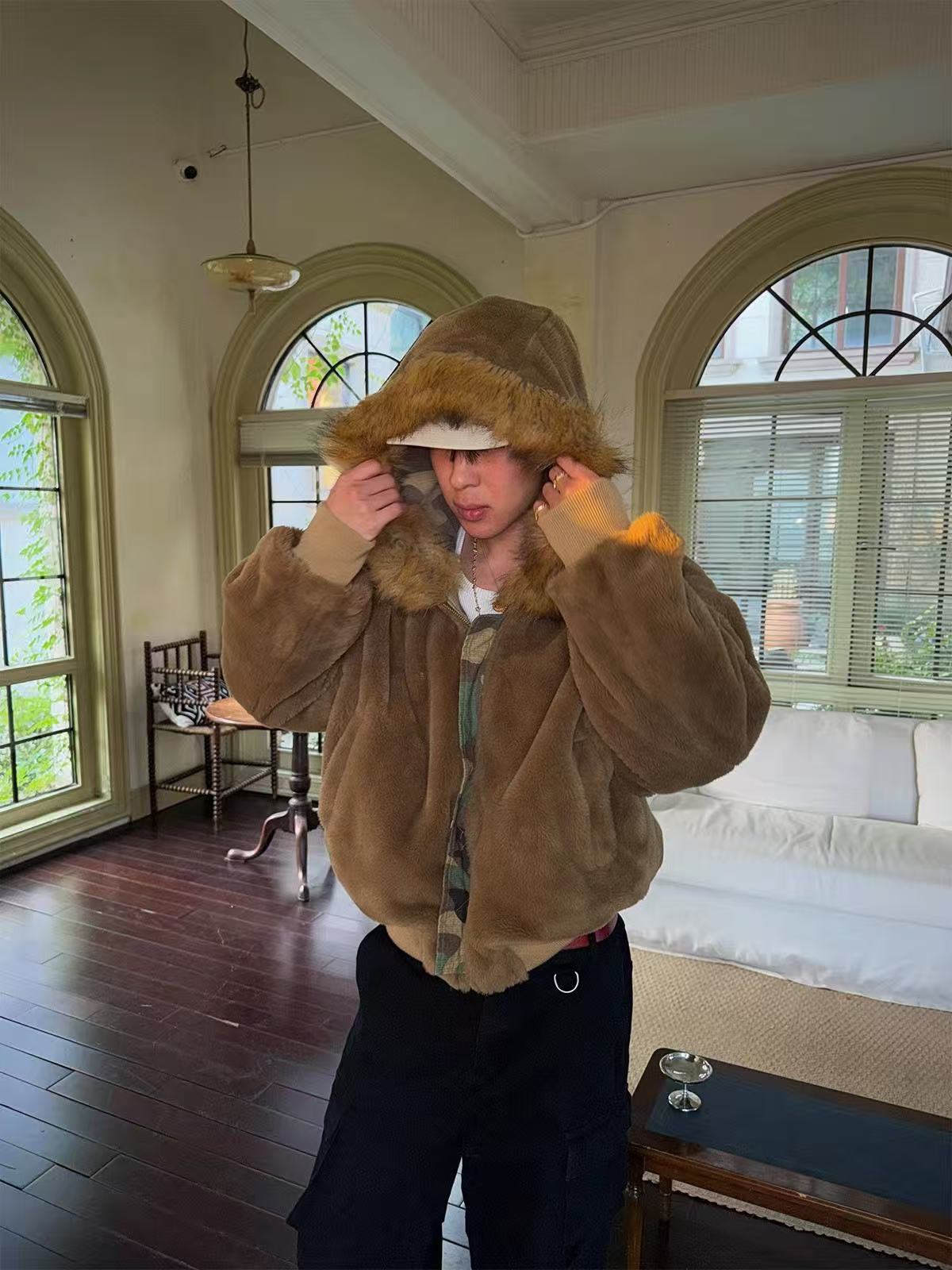 Reversible Camo Fur Collar Hooded Jacket - OMYGOODS