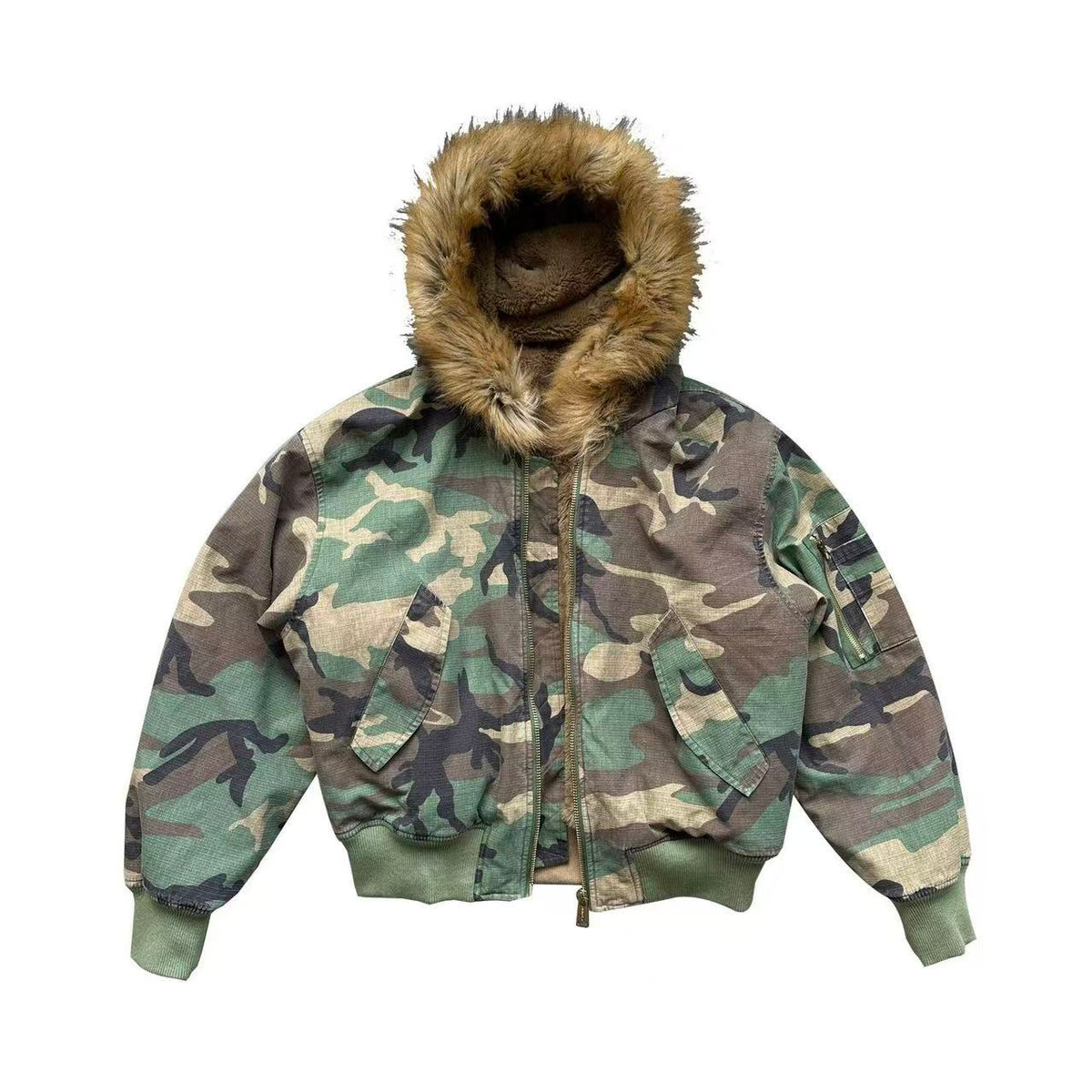 Reversible Camo Fur Collar Hooded Jacket - OMYGOODS