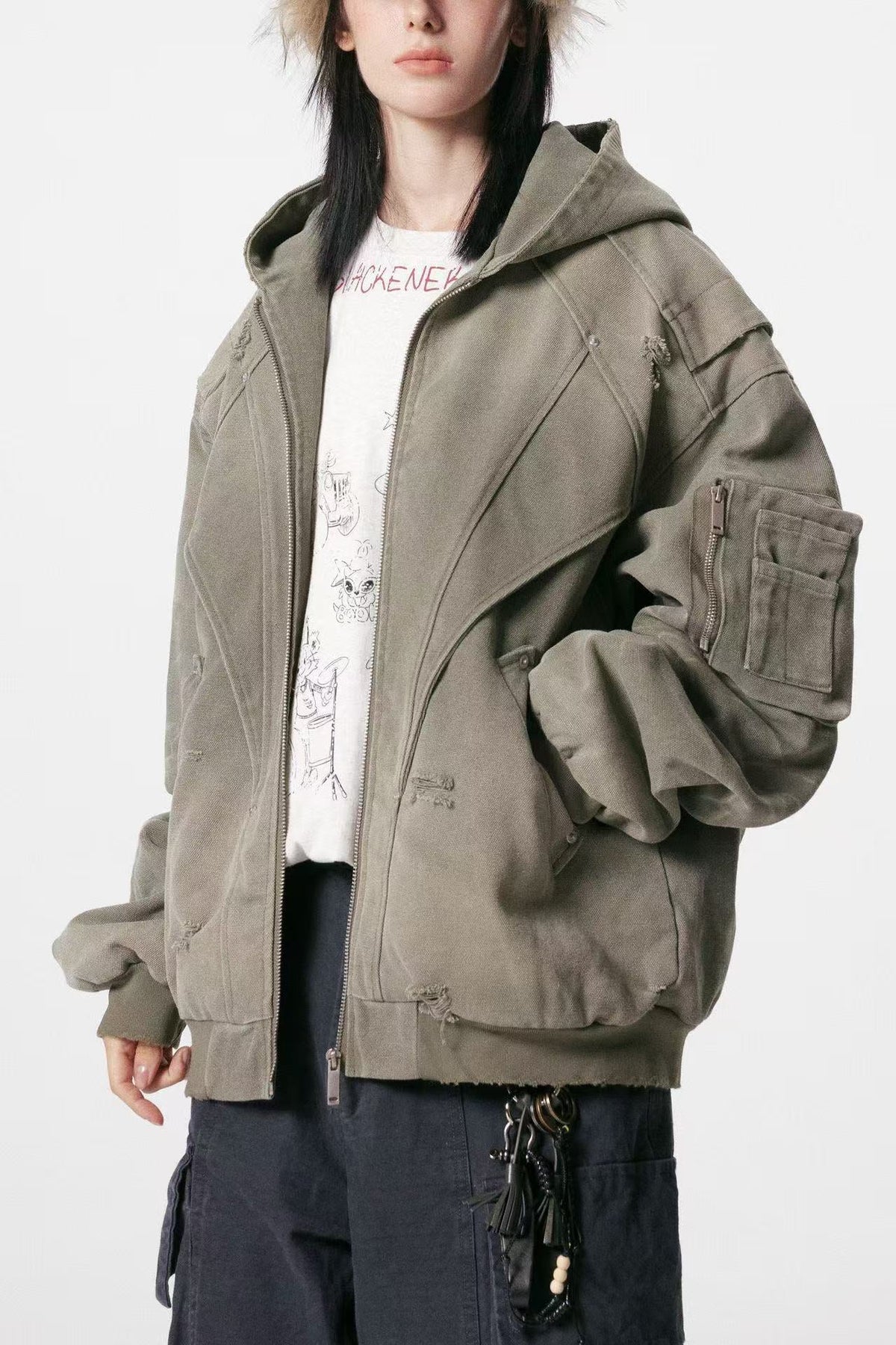 Vintage Washed Distressed Hooded Jacket - OMYGOODS