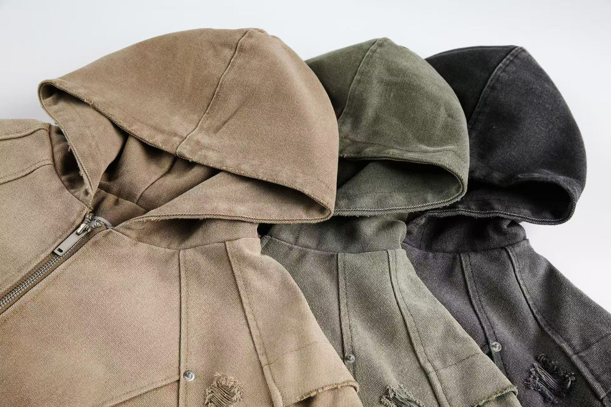 Vintage Washed Distressed Hooded Jacket - OMYGOODS