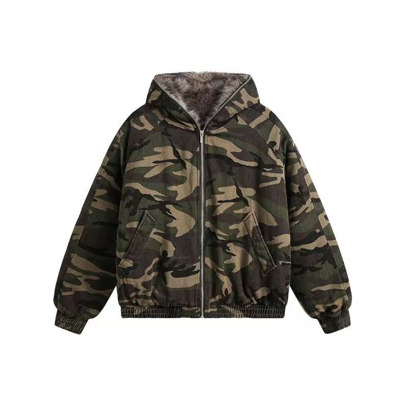 Vintage Camo Fur Collar Hooded Jacket - OMYGOODS