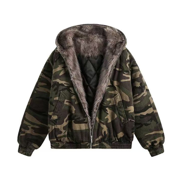 Vintage Camo Fur Collar Hooded Jacket - OMYGOODS