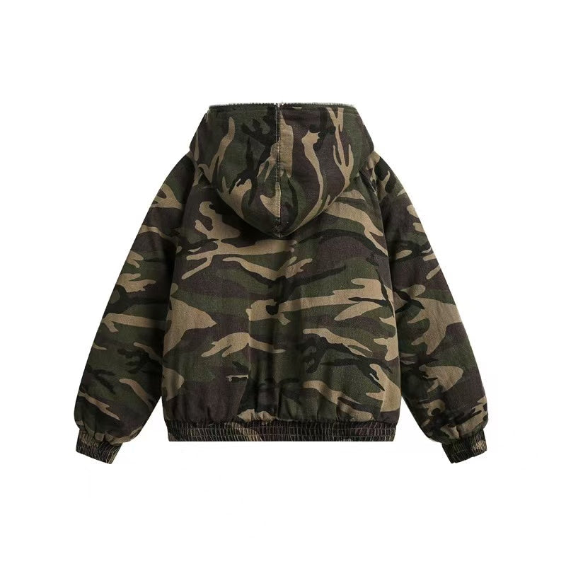 Vintage Camo Fur Collar Hooded Jacket - OMYGOODS