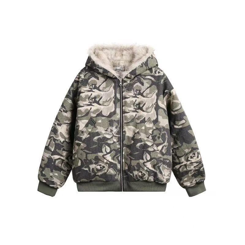 Vintage Camo Fur Collar Hooded Jacket - OMYGOODS