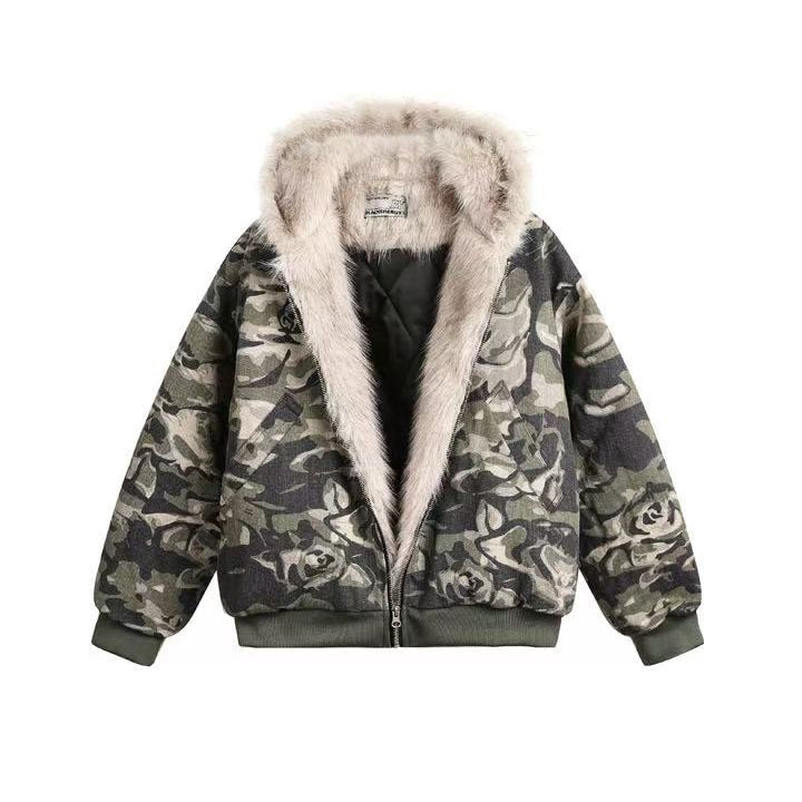 Vintage Camo Fur Collar Hooded Jacket - OMYGOODS