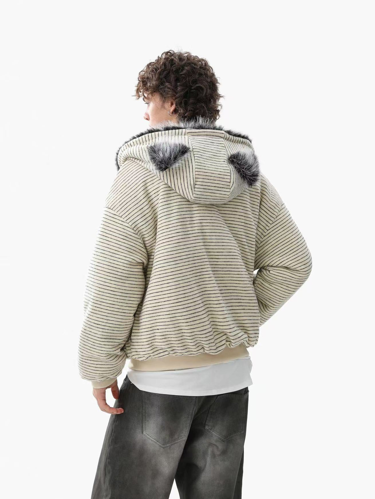 Striped Faux-Fur Collar Hooded Jacket - OMYGOODS