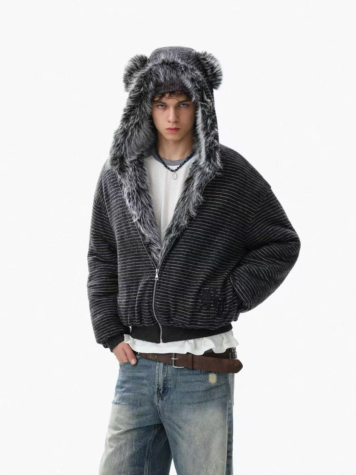 Striped Faux-Fur Collar Hooded Jacket - OMYGOODS