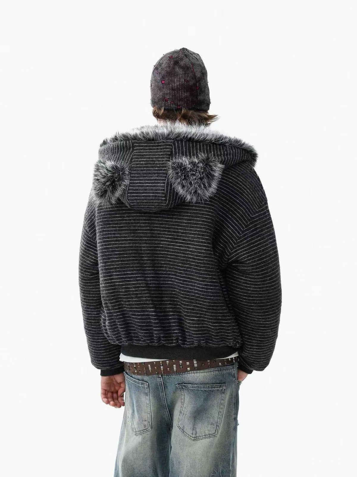 Striped Faux-Fur Collar Hooded Jacket - OMYGOODS