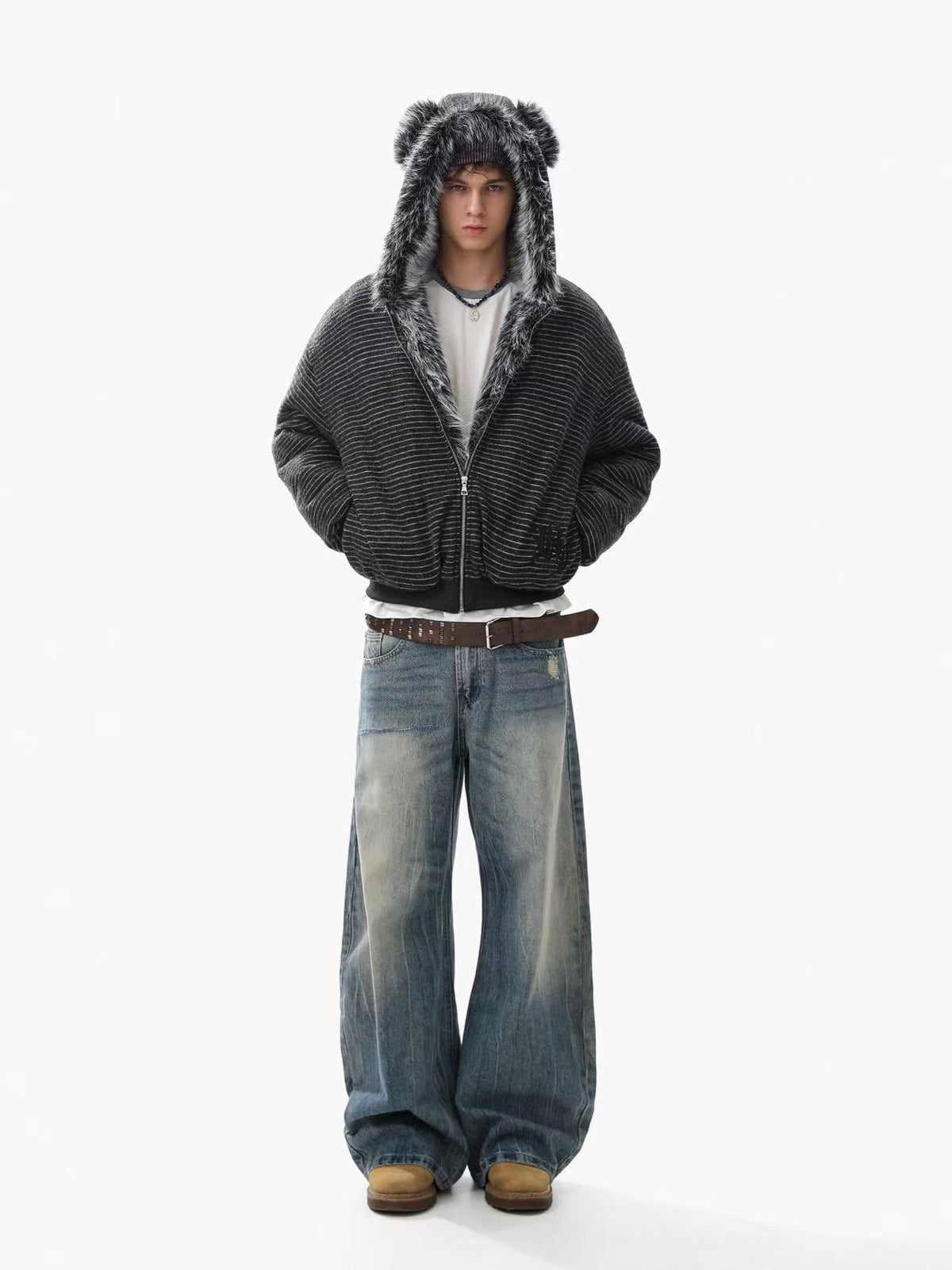 Striped Faux-Fur Collar Hooded Jacket - OMYGOODS