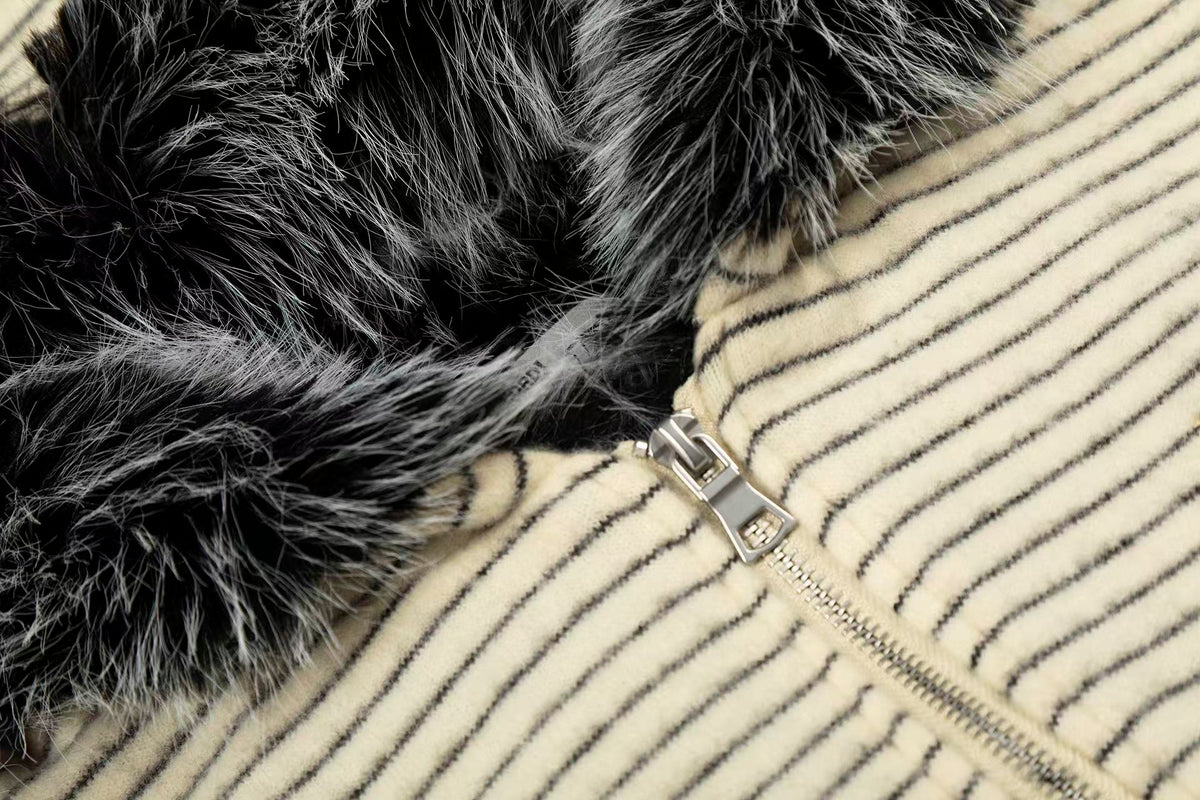 Striped Faux-Fur Collar Hooded Jacket - OMYGOODS