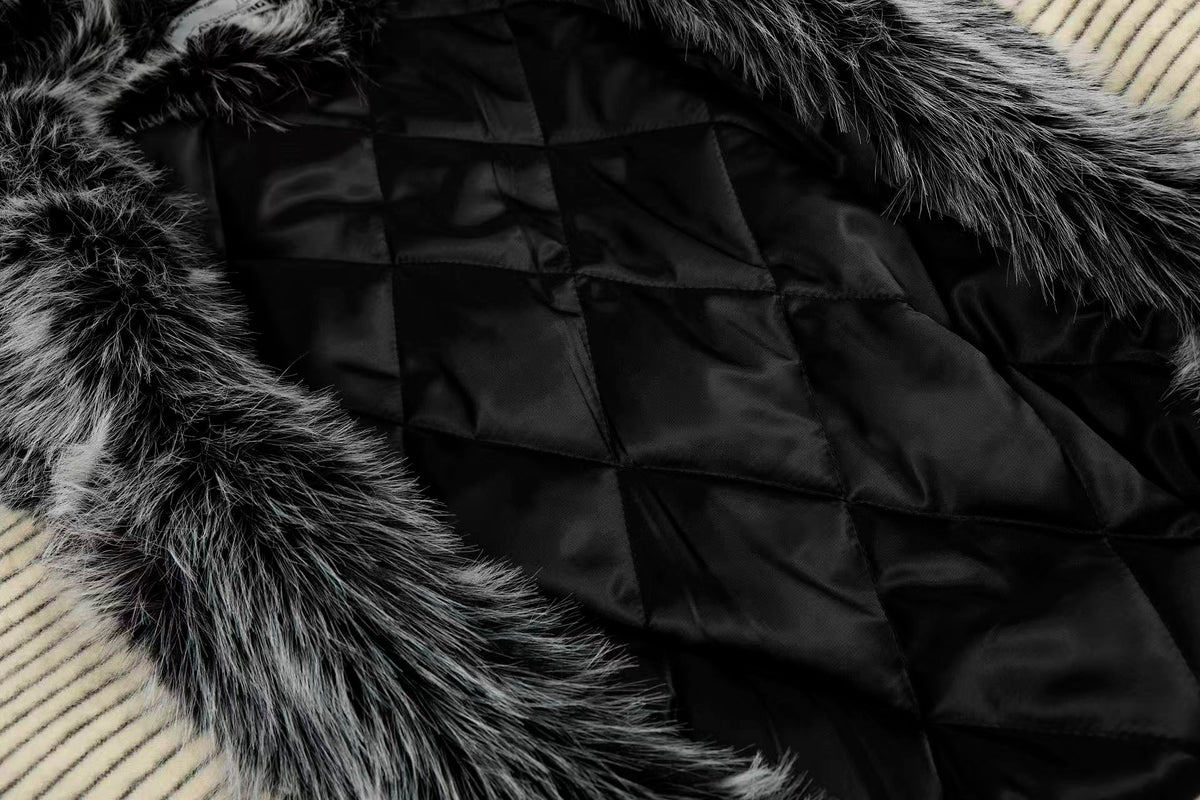Striped Faux-Fur Collar Hooded Jacket - OMYGOODS
