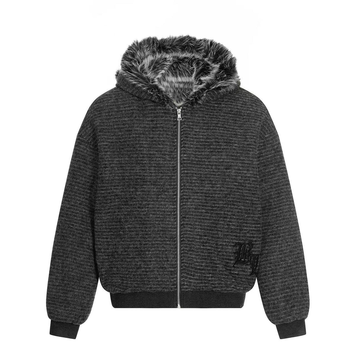 Striped Faux-Fur Collar Hooded Jacket - OMYGOODS