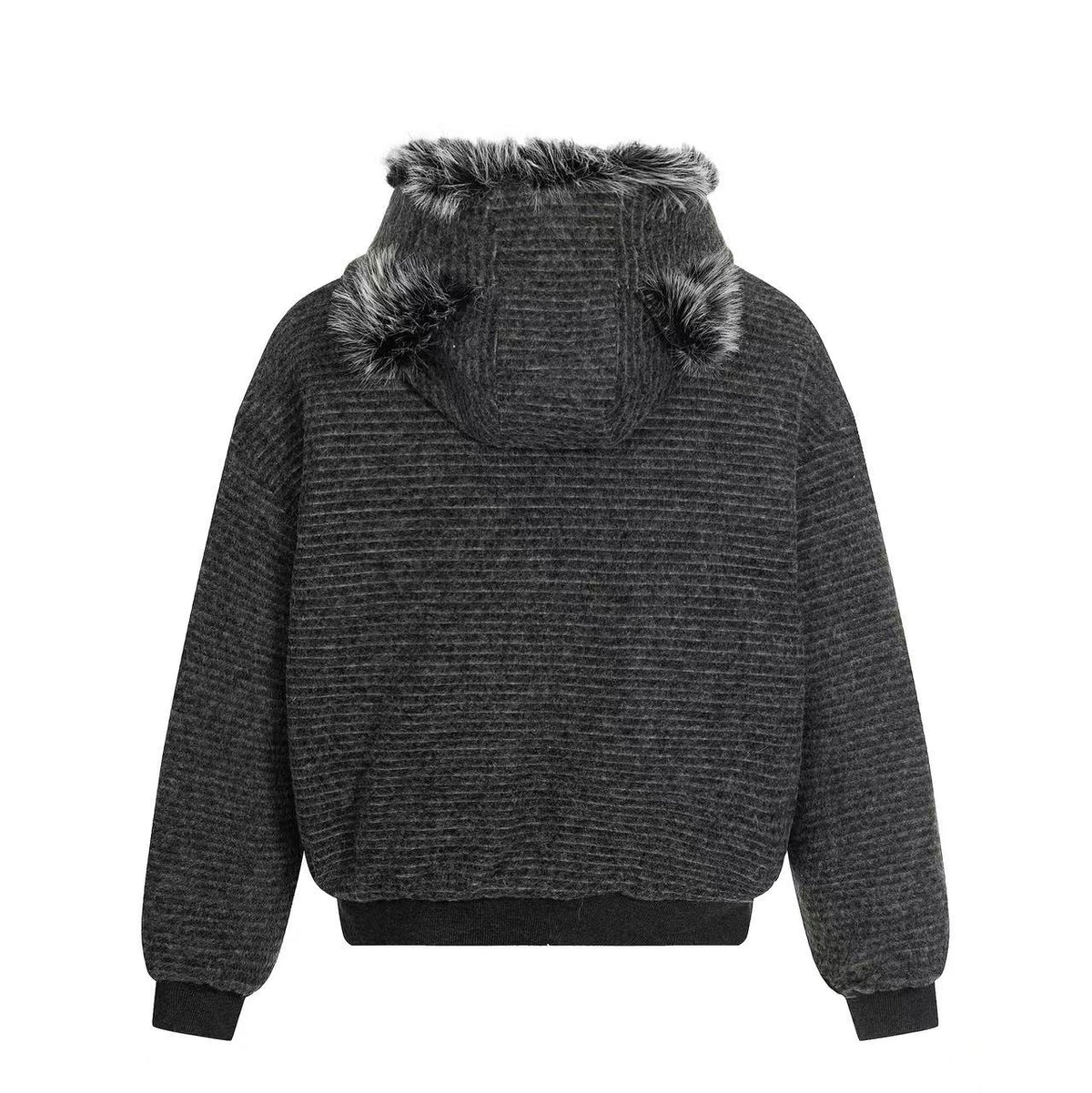Striped Faux-Fur Collar Hooded Jacket - OMYGOODS
