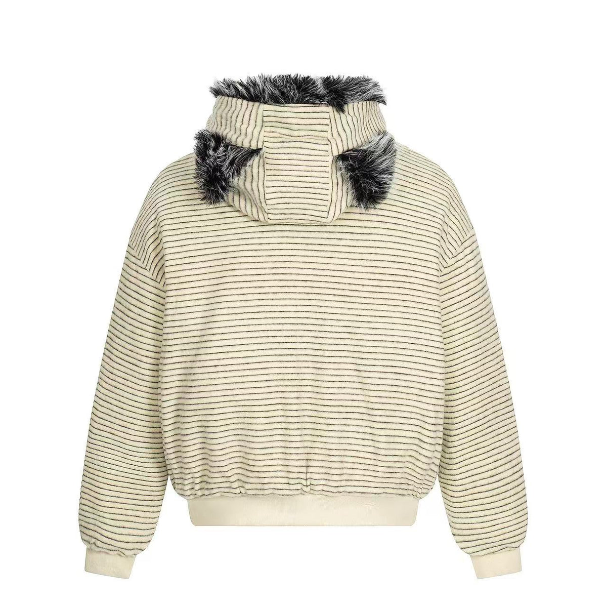 Striped Faux-Fur Collar Hooded Jacket - OMYGOODS