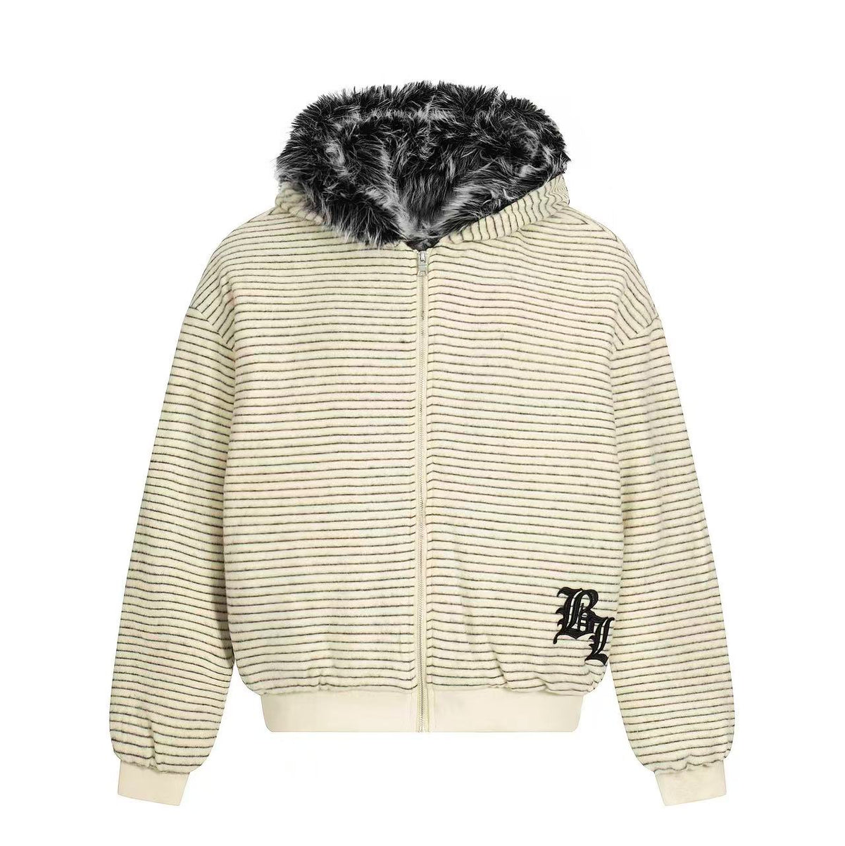 Striped Faux-Fur Collar Hooded Jacket - OMYGOODS