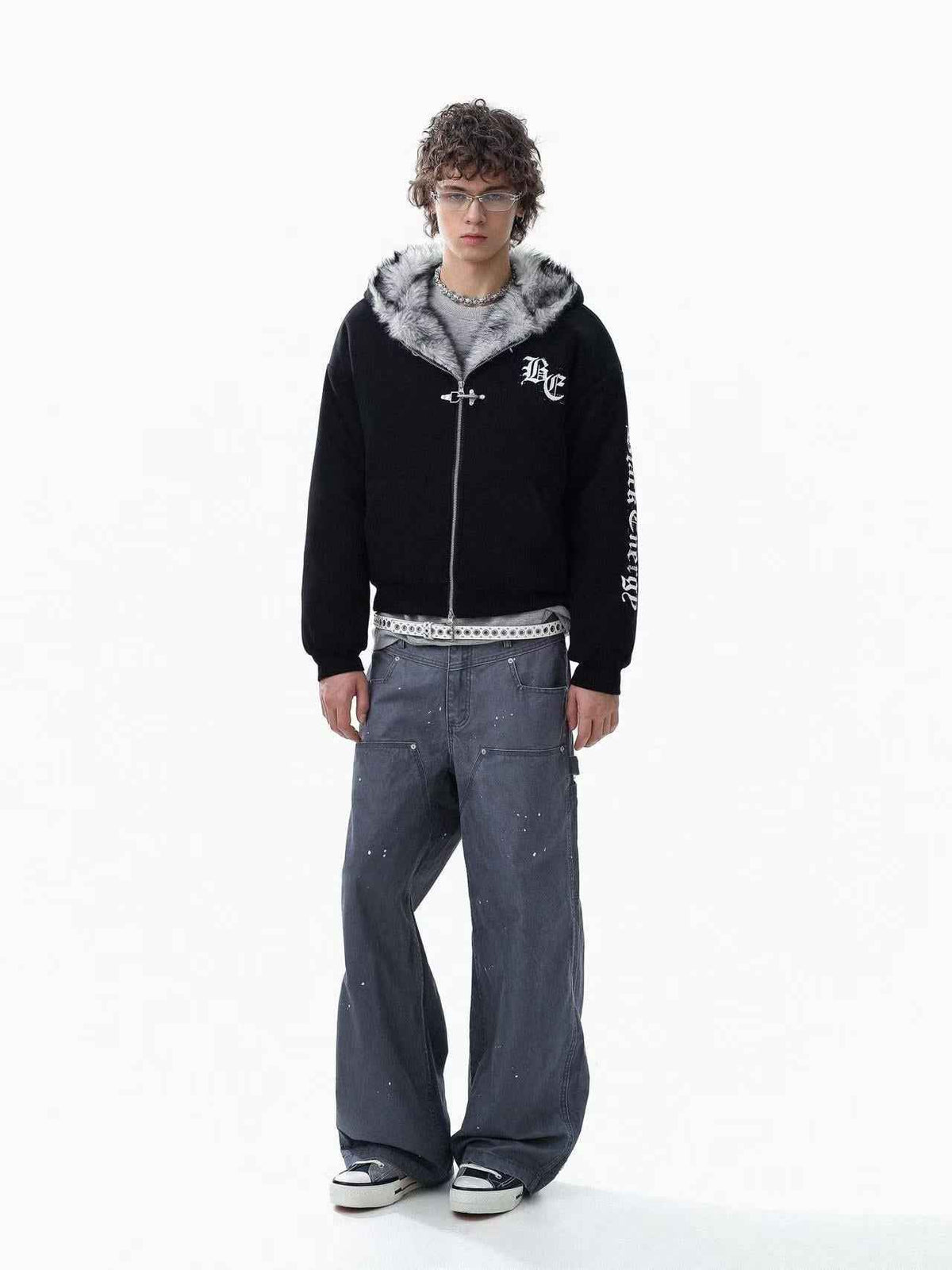 Letter-Print Plush Hooded Jacket