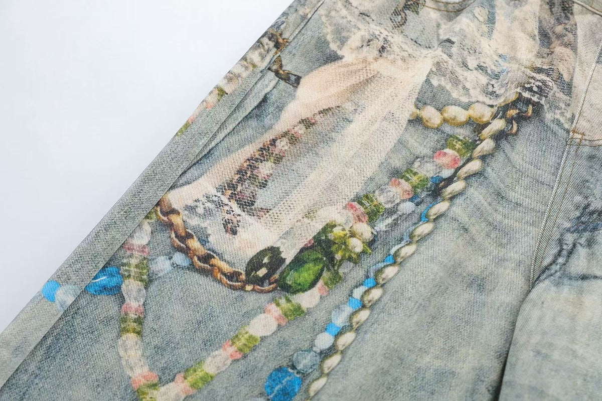 Street-Style 3D-Print Graffiti Wide-Leg Jeans - OMYGOODS