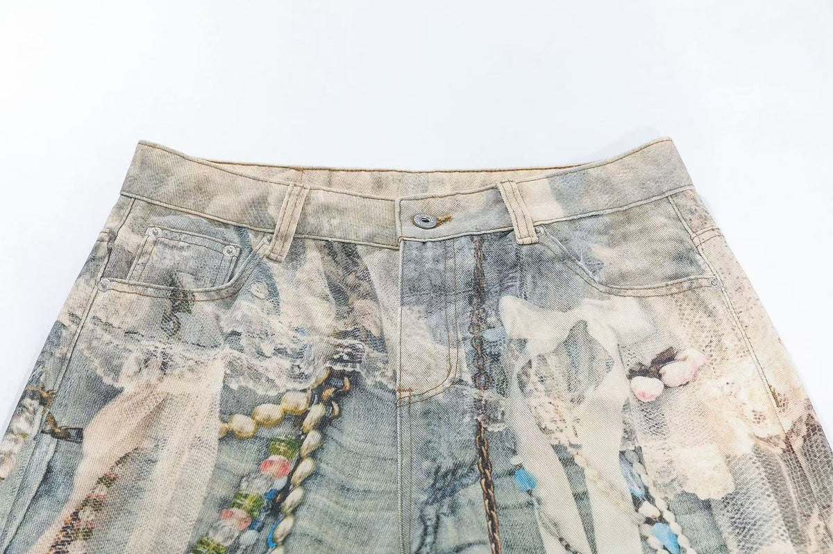 Street-Style 3D-Print Graffiti Wide-Leg Jeans - OMYGOODS