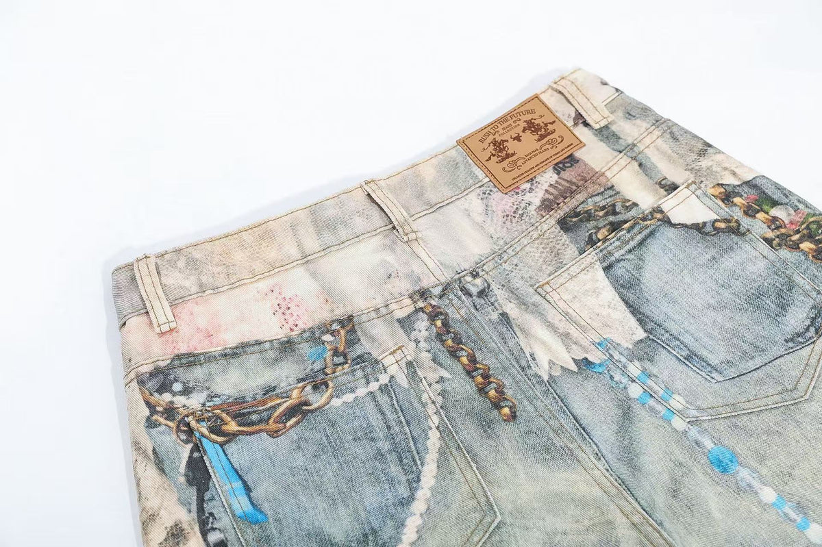Street-Style 3D-Print Graffiti Wide-Leg Jeans - OMYGOODS