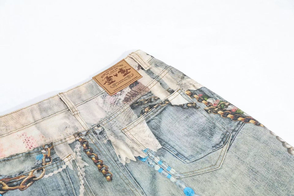 Street-Style 3D-Print Graffiti Wide-Leg Jeans - OMYGOODS