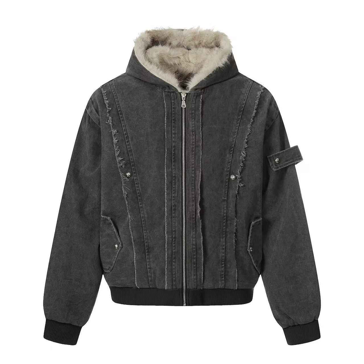 Vintage Stitch Detail Faux-Fur Collar Hooded Jacket