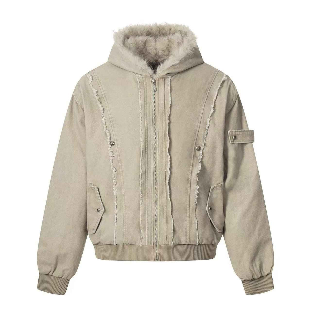 Vintage Stitch Detail Faux-Fur Collar Hooded Jacket