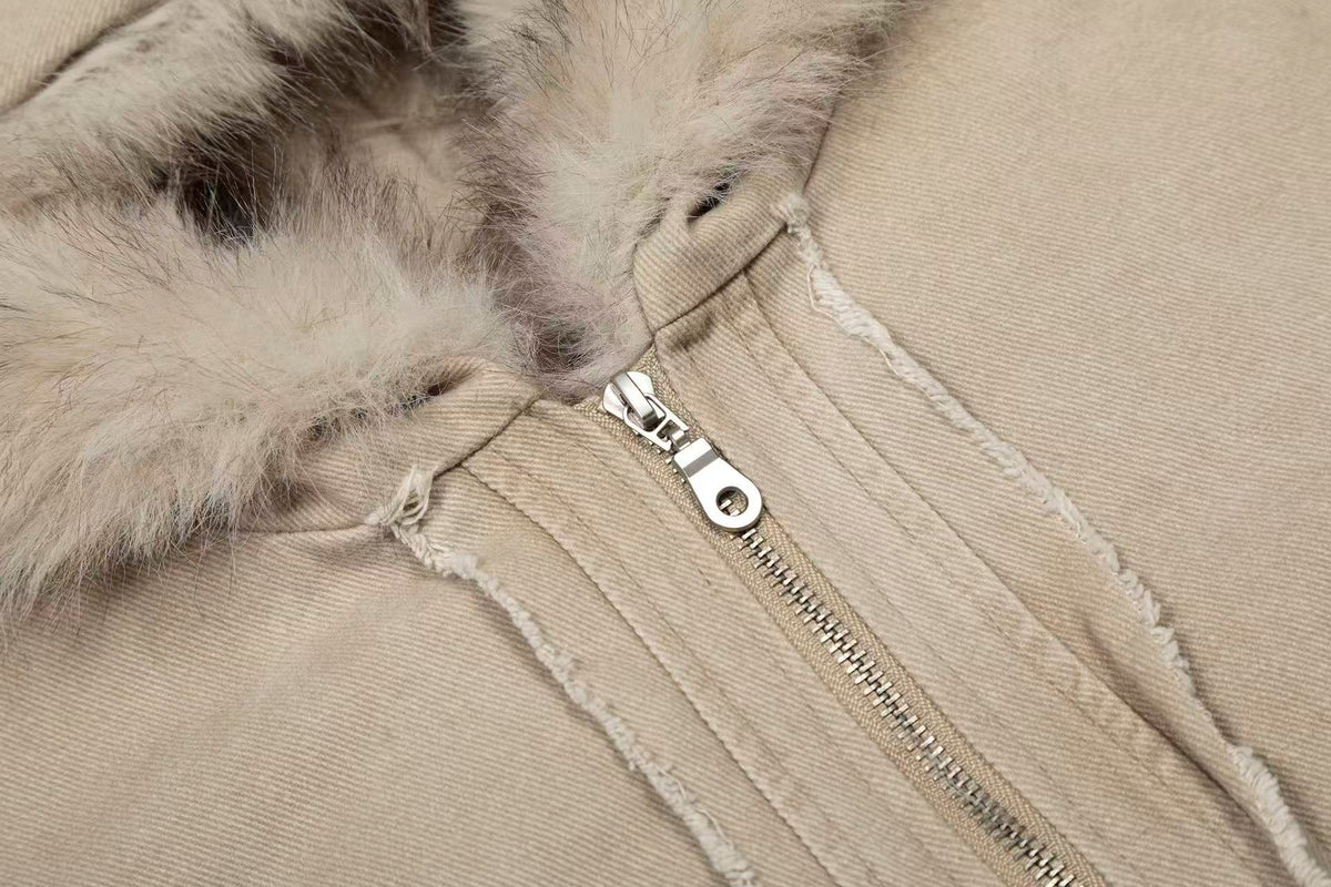 Vintage Stitch Detail Faux-Fur Collar Hooded Jacket - OMYGOODS