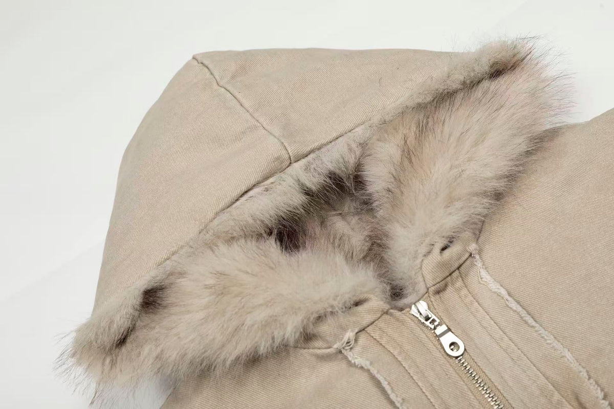 Vintage Stitch Detail Faux-Fur Collar Hooded Jacket - OMYGOODS