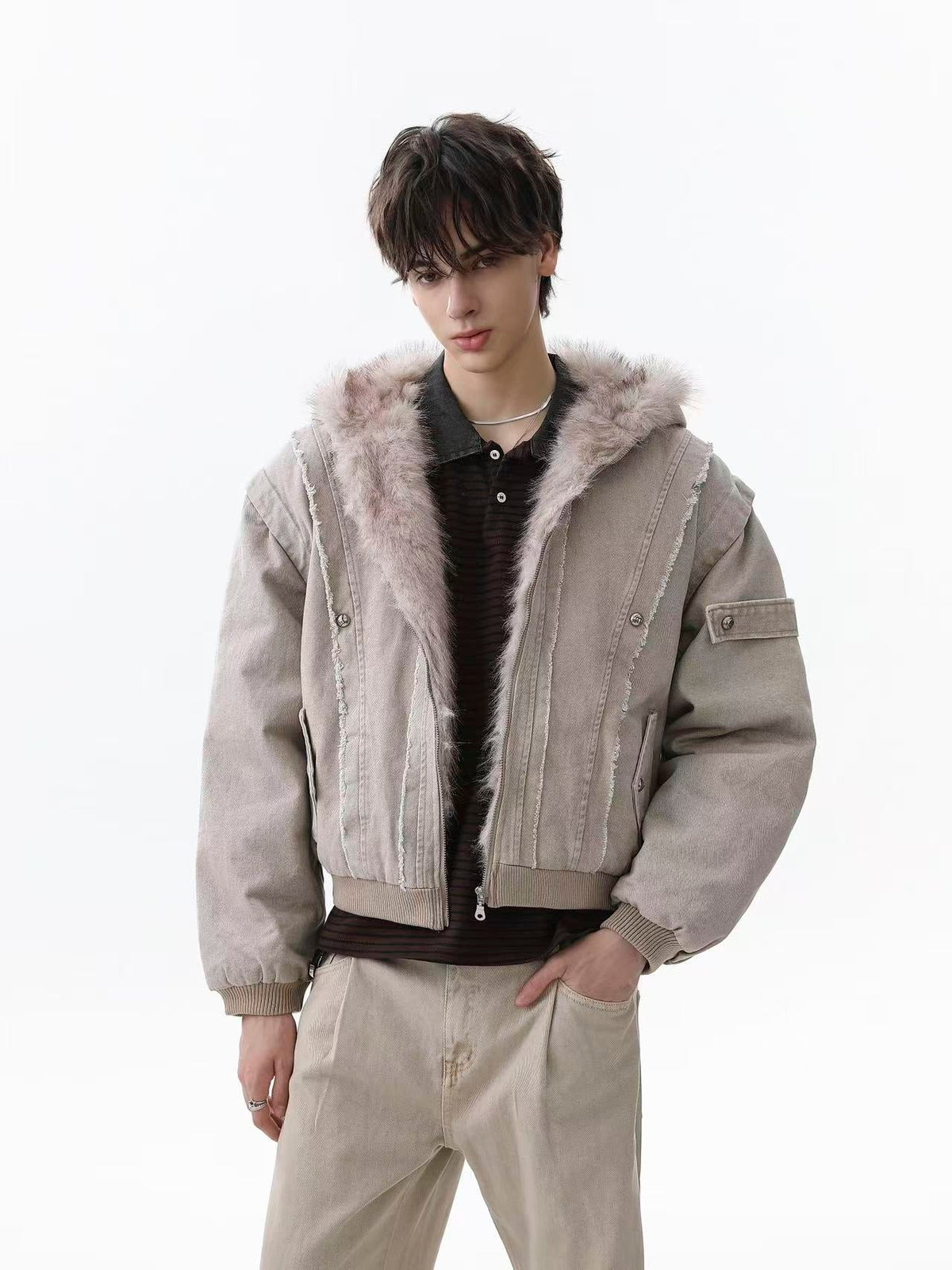 Vintage Stitch Detail Faux-Fur Collar Hooded Jacket - OMYGOODS