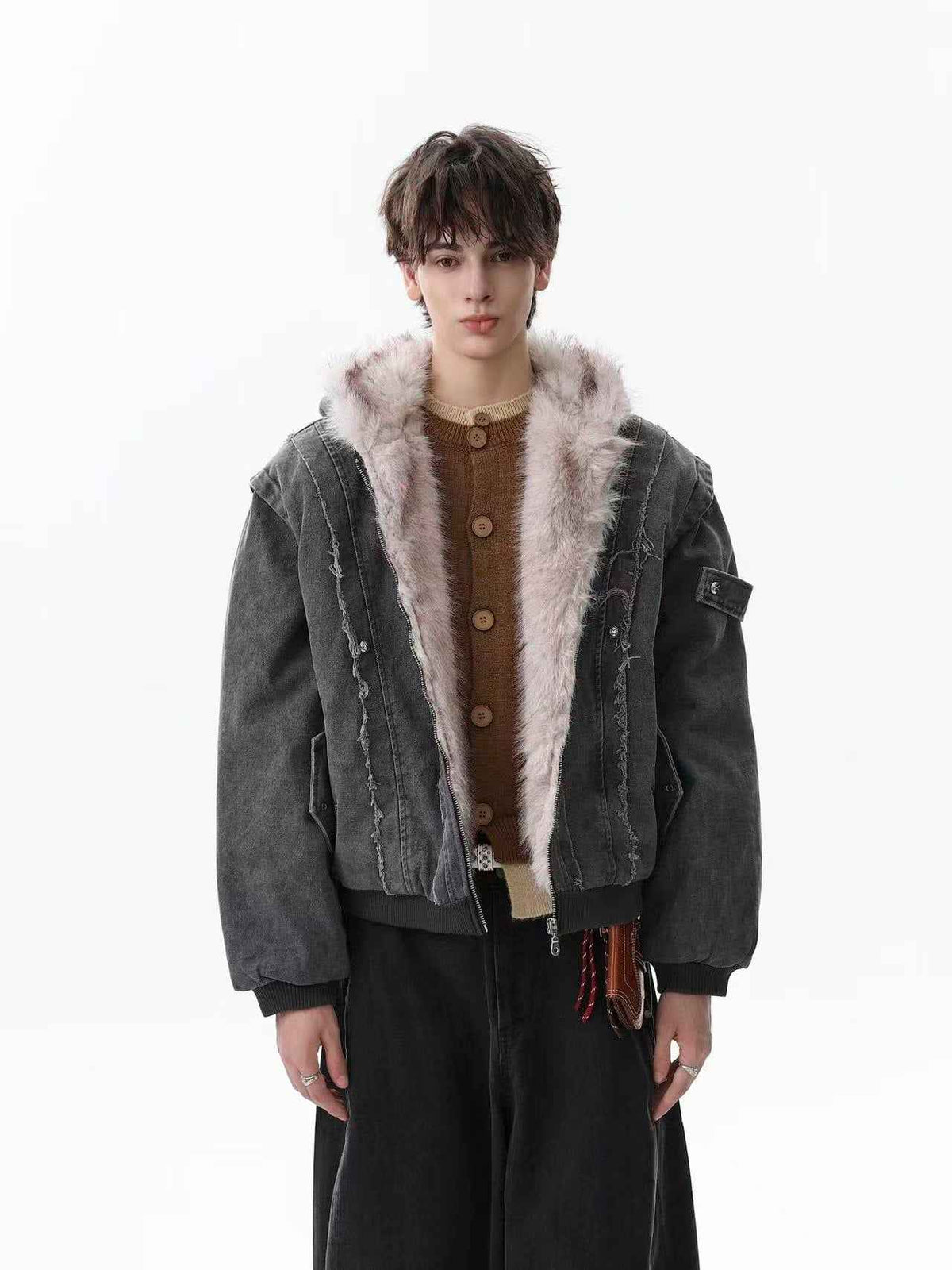 Vintage Stitch Detail Faux-Fur Collar Hooded Jacket