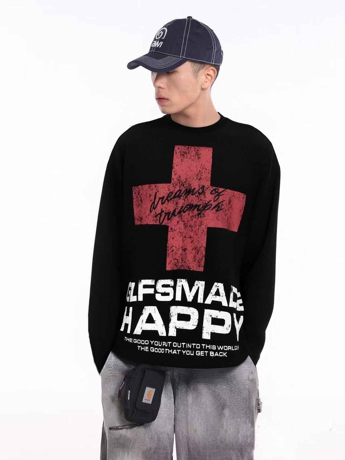 Streetwear Red Cross Print Waffle Knit Long Sleeve