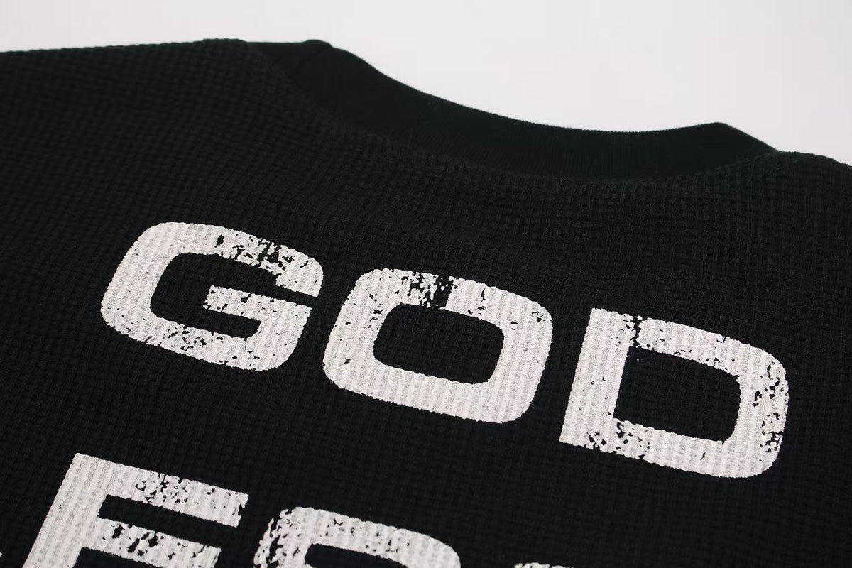 Streetwear Red Cross Print Waffle Knit Long Sleeve - OMYGOODS