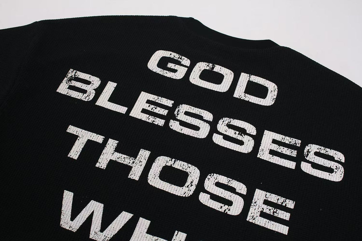 Streetwear Red Cross Print Waffle Knit Long Sleeve - OMYGOODS