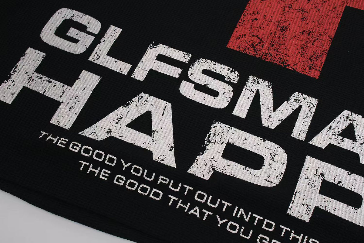 Streetwear Red Cross Print Waffle Knit Long Sleeve - OMYGOODS