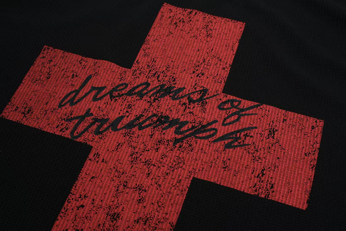 Streetwear Red Cross Print Waffle Knit Long Sleeve - OMYGOODS