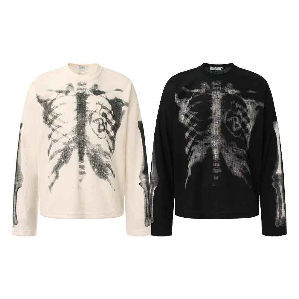 Streetwear Bone Print Waffle Knit Long Sleeve