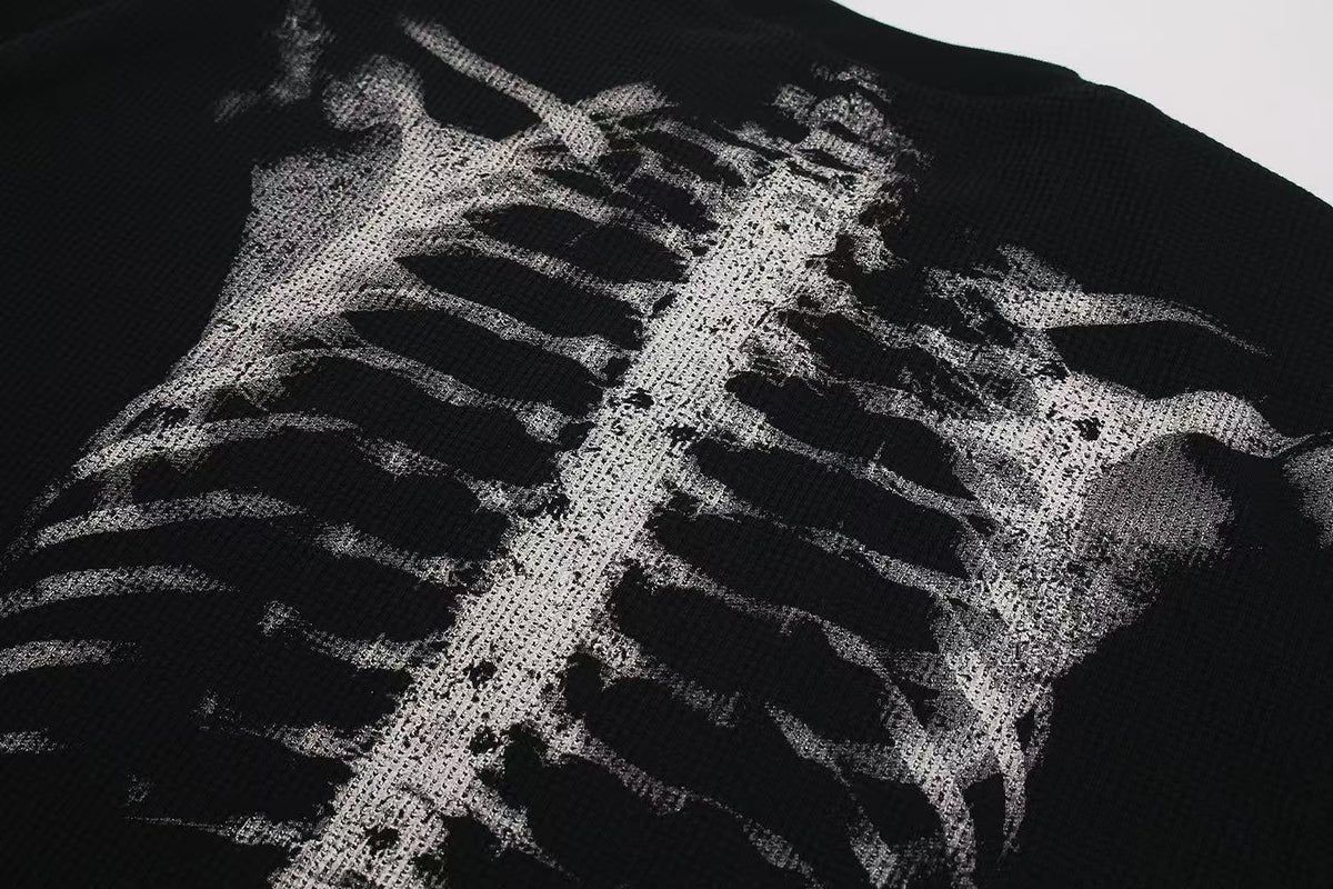Streetwear Bone Print Waffle Knit Long Sleeve - OMYGOODS