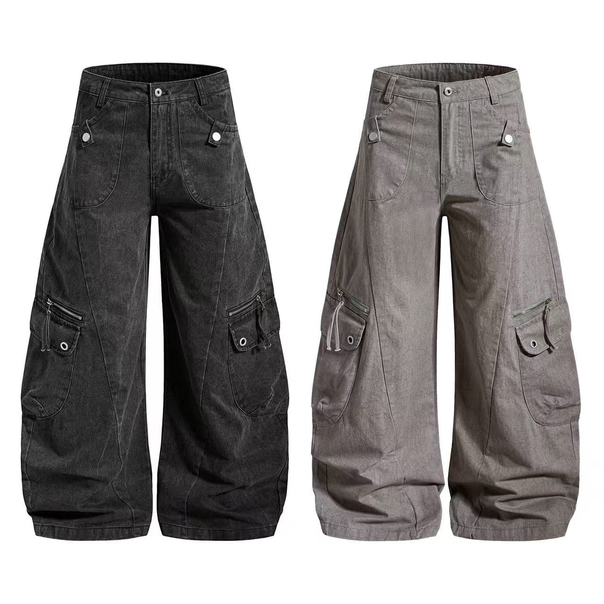 Vintage Button-Flap Wide-Leg Cargo Pants - OMYGOODS
